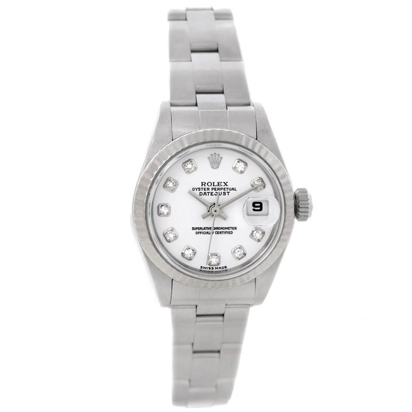 This image shows a full front view of a Rolex Datejust 79174 Women's Stainless Steel White Dial 79174 Women's Stainless Steel White Dial watch, including the dial, bezel, and bracelet.