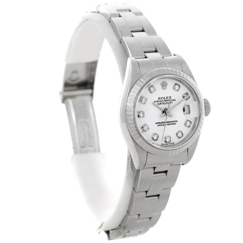The image shows a silver Rolex Datejust 79174 Women's Stainless Steel White Dial 79174 Women's Stainless Steel White Dial watch angled slightly from above, displaying the face, bezel, and part of the bracelet.