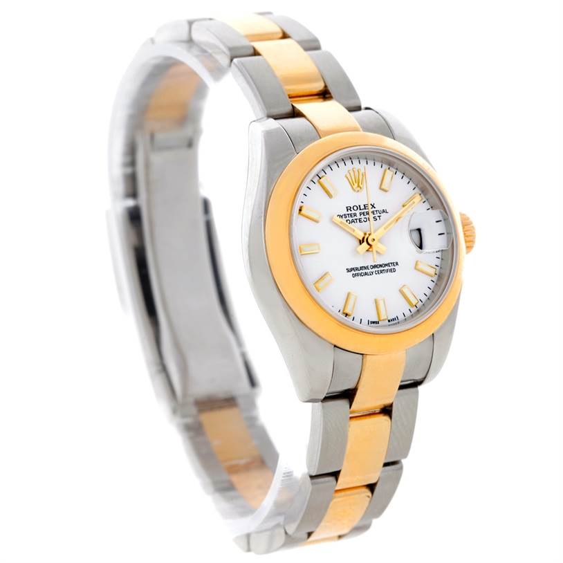 The image shows a front angle of a Rolex Datejust 179163 Women's Steel and Gold (two tone) White Dial 179163 Women's Steel and Gold (two tone) White Dial watch, highlighting its two-tone bracelet, bezel, and white dial.