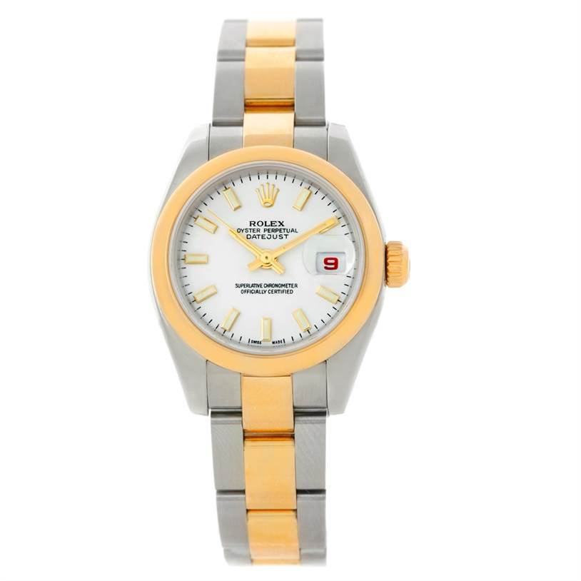 The image shows a front view of a Rolex Datejust 179163 Women's Steel and Gold (two tone) White Dial 179163 Women's Steel and Gold (two tone) White Dial watch, highlighting its two-tone bracelet and white dial with a date window.
