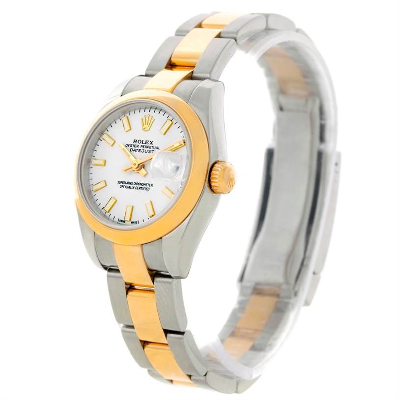 The image shows a Rolex Datejust 179163 Women's Steel and Gold (two tone) White Dial 179163 Women's Steel and Gold (two tone) White Dial watch from an oblique angle, featuring its bracelet, bezel, and dial.