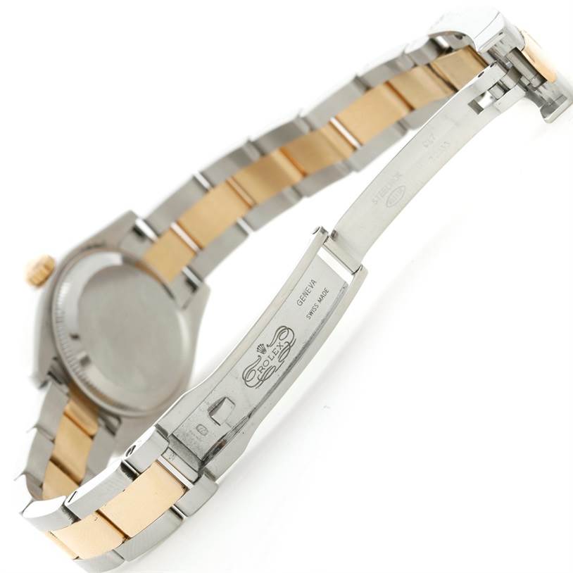 This image shows the underside of the Rolex Datejust 179163 Women's Steel and Gold (two tone) White Dial 179163 Women's Steel and Gold (two tone) White Dial watch, focusing on the bracelet, clasp, and case back.