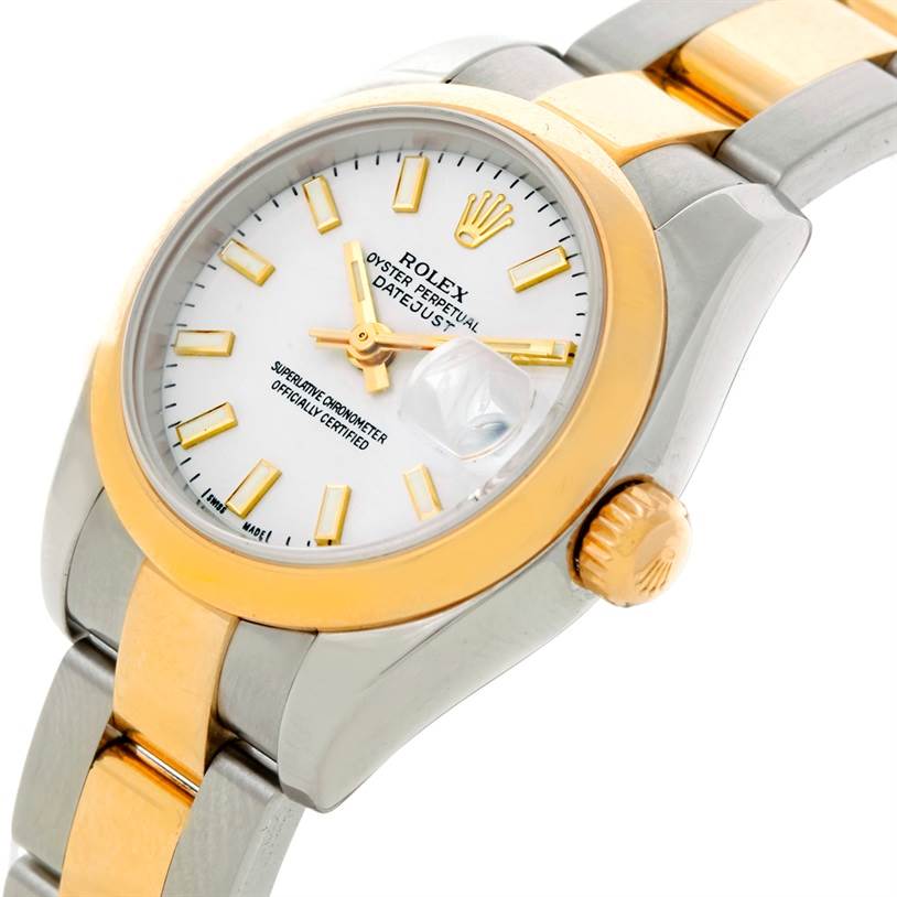 This image shows an angled close-up of a Rolex Datejust 179163 Women's Steel and Gold (two tone) White Dial 179163 Women's Steel and Gold (two tone) White Dial watch, focusing on the dial, bezel, crown, and bracelet.