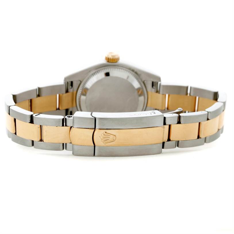 The image shows the back view of the Rolex Datejust 179163 Women's Steel and Gold (two tone) White Dial 179163 Women's Steel and Gold (two tone) White Dial watch with its two-tone bracelet and clasp visible.