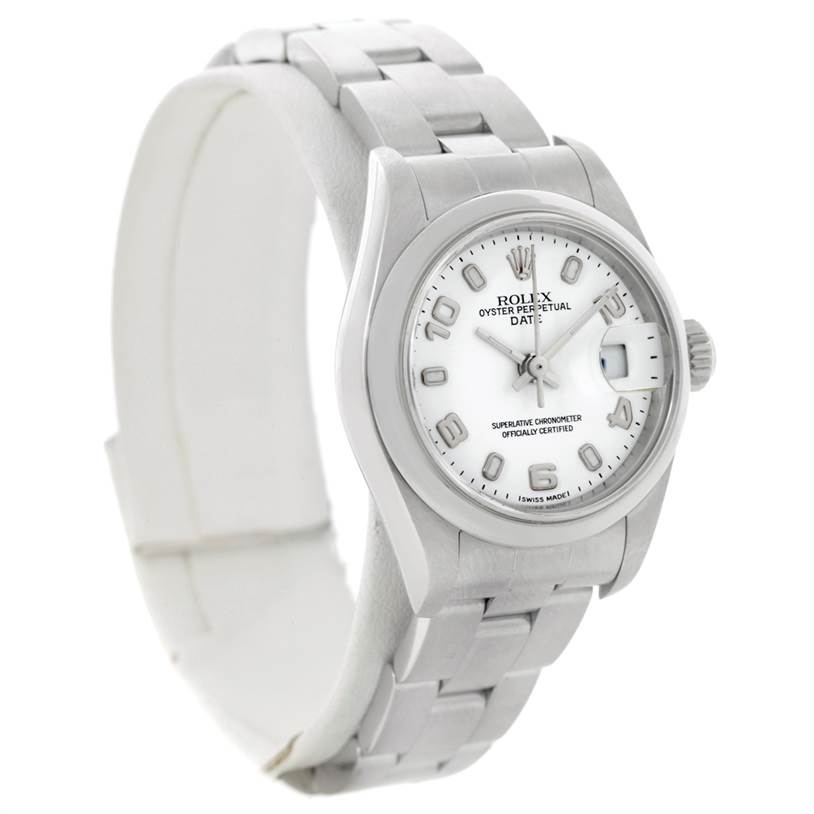 The image shows a Rolex Datejust 79160 Women's Stainless Steel White Dial 79160 Women's Stainless Steel White Dial watch from a front angle, highlighting the dial, bezel, bracelet, and crown.