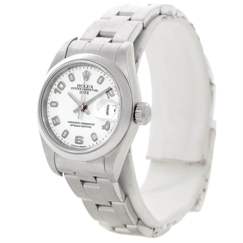 The Rolex Datejust 79160 Women's Stainless Steel White Dial 79160 Women's Stainless Steel White Dial watch is shown from a three-quarter front angle, highlighting the face, bezel, and bracelet.