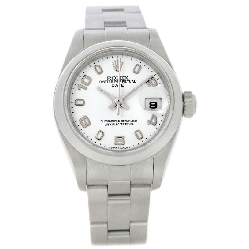 This image shows a frontal view of the Rolex Datejust 79160 Women's Stainless Steel White Dial 79160 Women's Stainless Steel White Dial watch, highlighting its dial, bracelet, and crown.