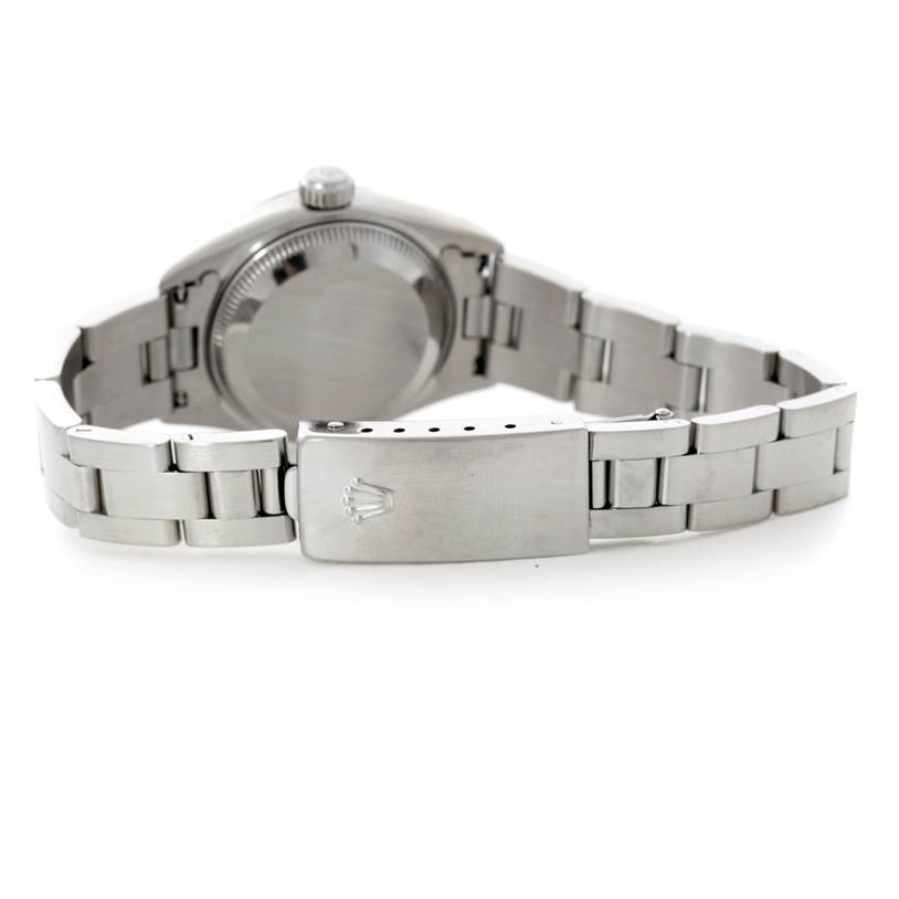 This Rolex Datejust 79160 Women's Stainless Steel White Dial 79160 Women's Stainless Steel White Dial watch is shown from the back, highlighting its clasp and stainless steel bracelet.