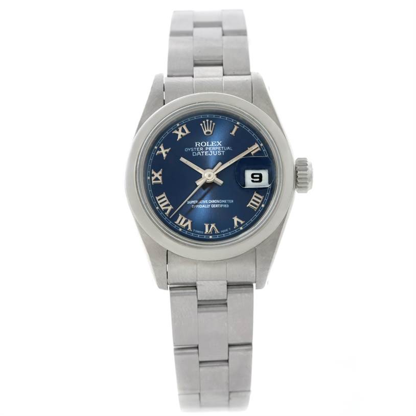 The image shows a frontal view of a Rolex Datejust 69160 Women
s Stainless Steel Blue Dial 69160 Women
s Stainless Steel Blue Dial watch, clearly displaying the face, bezel, bracelet, and date window.