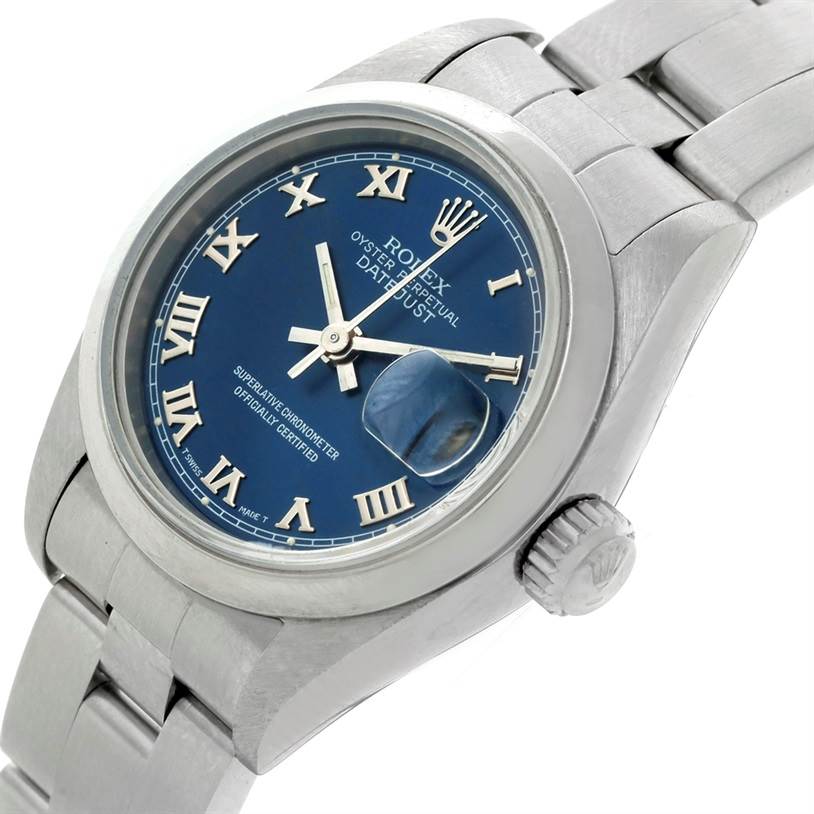 The image shows a Rolex Datejust 69160 Women
s Stainless Steel Blue Dial 69160 Women
s Stainless Steel Blue Dial model watch at an angled close-up, highlighting the blue dial, Roman numerals, and date window.