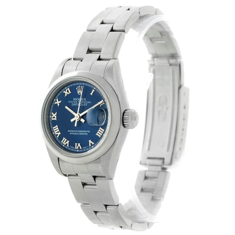 The image shows a Rolex Datejust 69160 Women
s Stainless Steel Blue Dial 69160 Women
s Stainless Steel Blue Dial watch angled to display the blue dial, crown, and stainless steel bracelet.