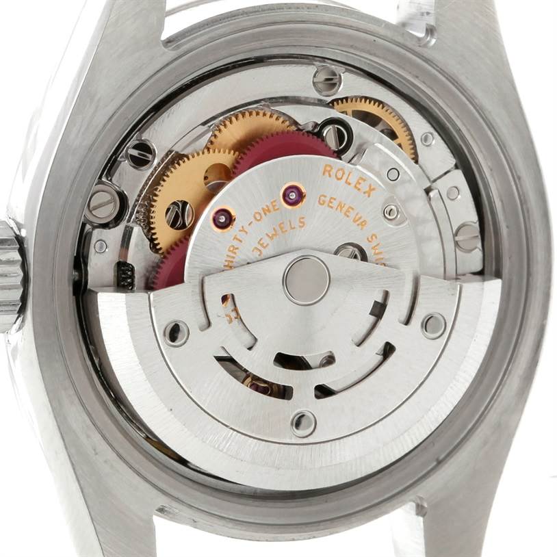 This image shows the back view of the Rolex Datejust 179174 Women's Stainless Steel Mother of Pearl Dial 179174 Women's Stainless Steel Mother of Pearl Dial watch, revealing the intricate mechanics and movement inside.