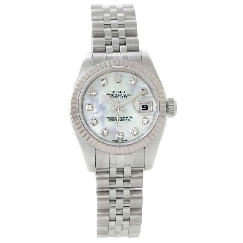The image shows a frontal view of a Rolex Datejust 179174 Women's Stainless Steel Mother of Pearl Dial 179174 Women's Stainless Steel Mother of Pearl Dial watch, highlighting its dial, bezel, bracelet, and date indicator.