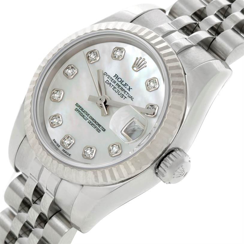 This Rolex Datejust 179174 Women's Stainless Steel Mother of Pearl Dial 179174 Women's Stainless Steel Mother of Pearl Dial watch is shown at a slight angle, highlighting the face, bezel, crown, and part of the bracelet.