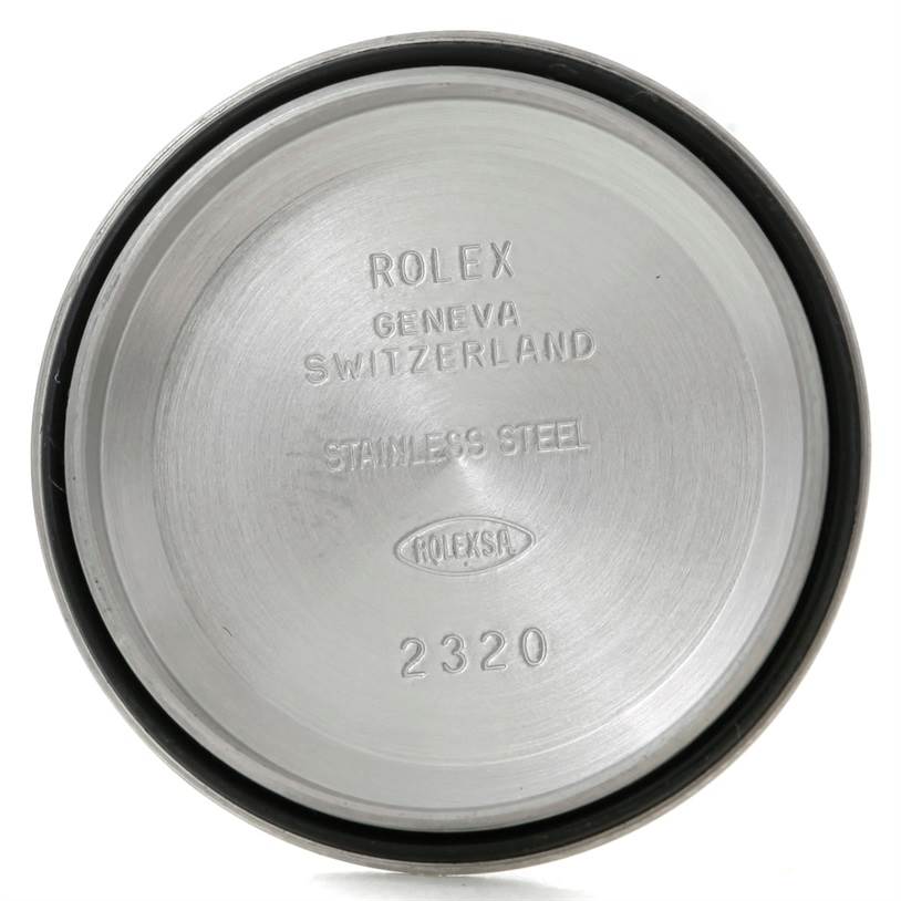 The image shows the stainless steel back cover of a Rolex Datejust 179174 Women's Stainless Steel Mother of Pearl Dial 179174 Women's Stainless Steel Mother of Pearl Dial watch, displaying engraving details.