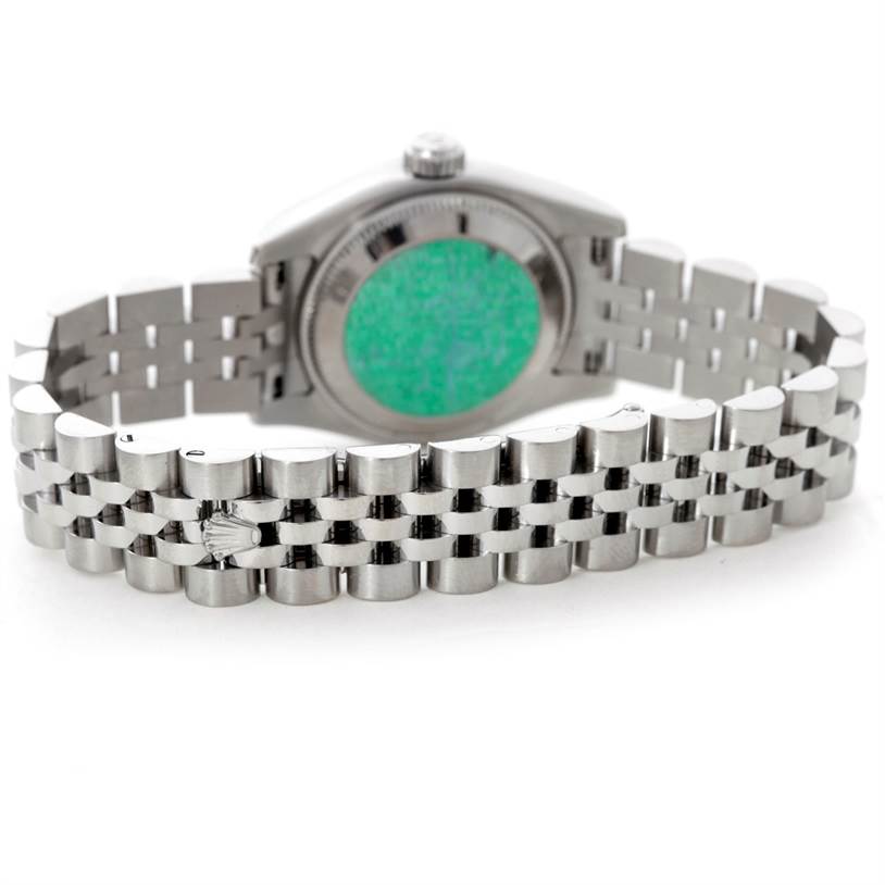 The image shows the back side and bracelet of a Rolex Datejust 179174 Women's Stainless Steel Mother of Pearl Dial 179174 Women's Stainless Steel Mother of Pearl Dial watch from a rear angle.