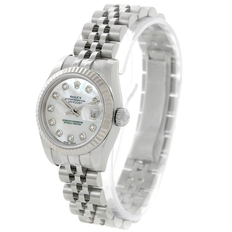 This image shows a Rolex Datejust 179174 Women's Stainless Steel Mother of Pearl Dial 179174 Women's Stainless Steel Mother of Pearl Dial watch from an angled view, highlighting the face, bezel, and oyster bracelet.