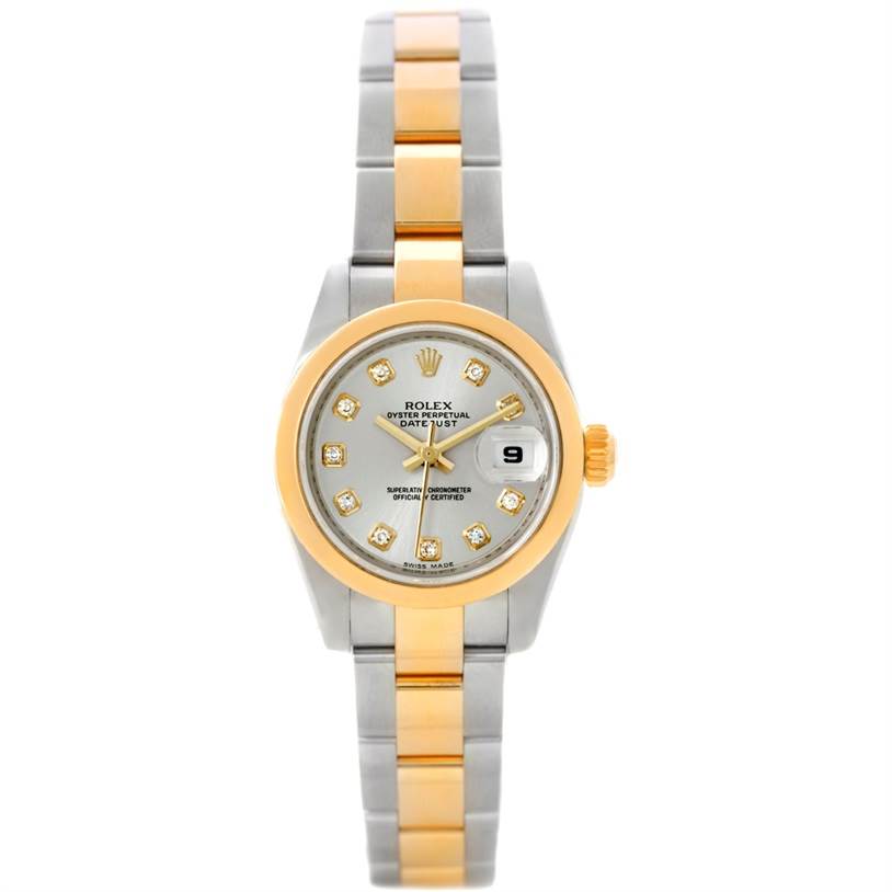 The image shows a Rolex Datejust 179163 Women's Steel and Gold (two tone) Silver Dial 179163 Women's Steel and Gold (two tone) Silver Dial watch from a front angle, highlighting its dial, bezel, and bracelet.