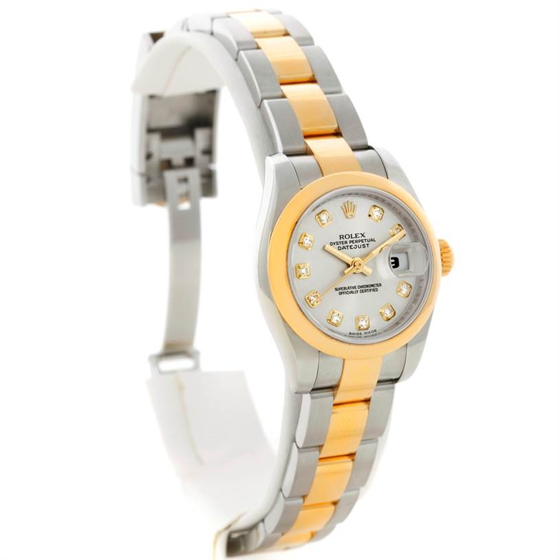 This image shows a front angle of the Rolex Datejust 179163 Women's Steel and Gold (two tone) Silver Dial 179163 Women's Steel and Gold (two tone) Silver Dial watch, highlighting the face, bezel, and two-tone bracelet.