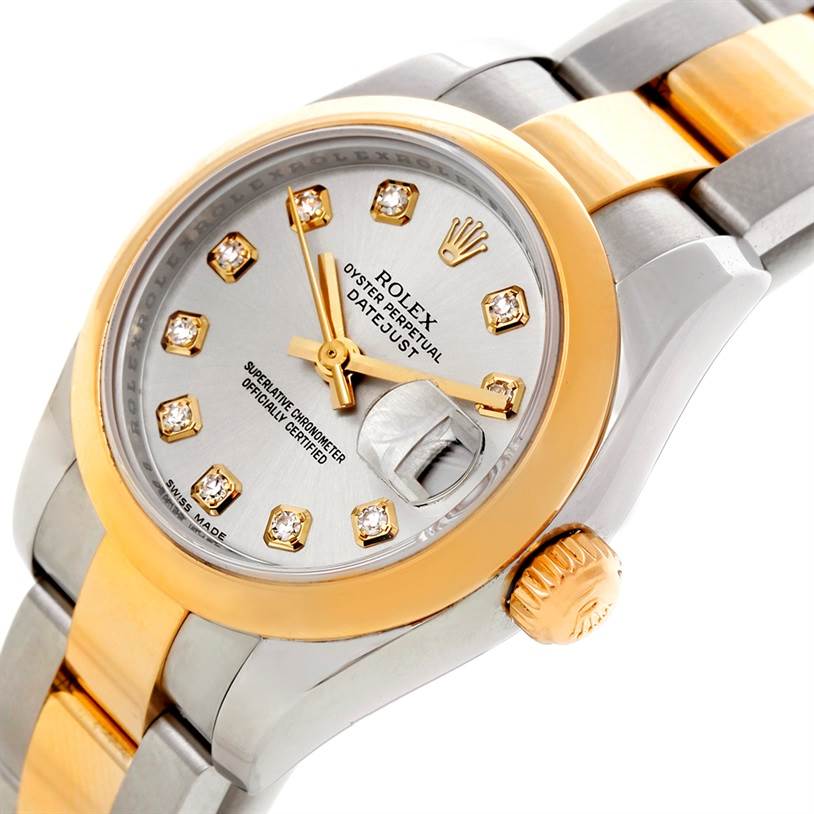 This image shows a close-up angle of the Rolex Datejust 179163 Women's Steel and Gold (two tone) Silver Dial 179163 Women's Steel and Gold (two tone) Silver Dial watch, highlighting the dial, bezel, crown, and part of the bracelet.