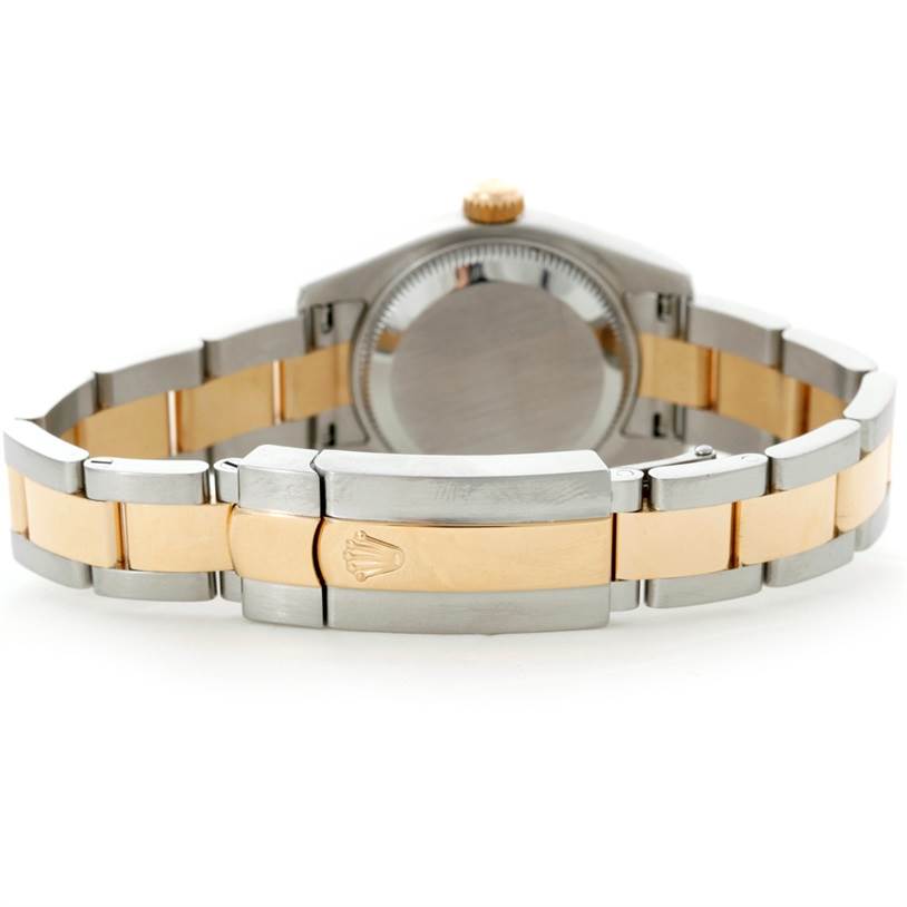 The image shows the backside and bracelet of a Rolex Datejust 179163 Women's Steel and Gold (two tone) Silver Dial 179163 Women's Steel and Gold (two tone) Silver Dial watch, featuring a two-tone metal design.