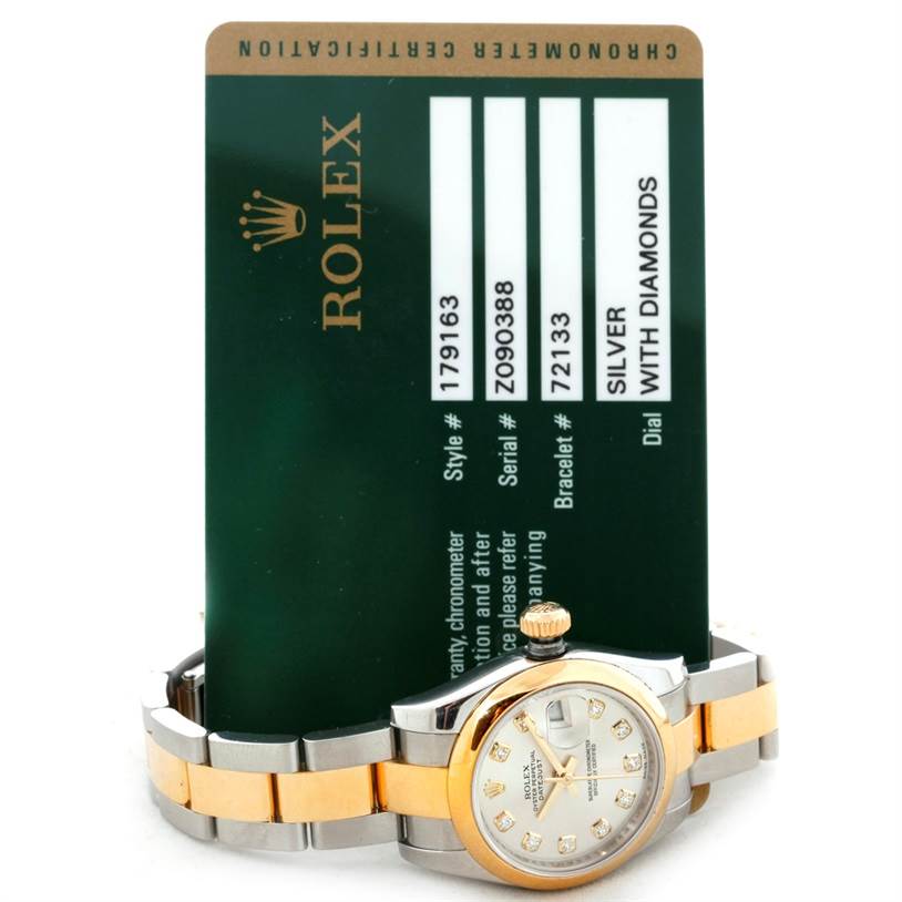 The image shows a Rolex Datejust 179163 Women's Steel and Gold (two tone) Silver Dial 179163 Women's Steel and Gold (two tone) Silver Dial watch and its certification card, displaying the front view of the watch and bracelet.