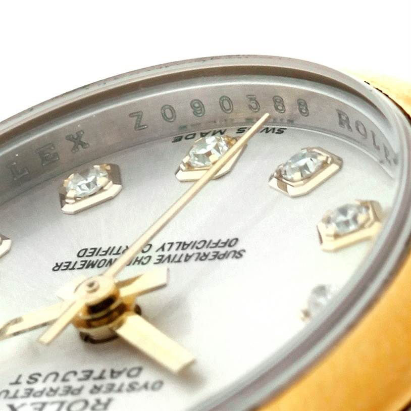 The image shows a close-up of the dial, hands, and part of the bezel of a Rolex Datejust 179163 Women's Steel and Gold (two tone) Silver Dial 179163 Women's Steel and Gold (two tone) Silver Dial watch.