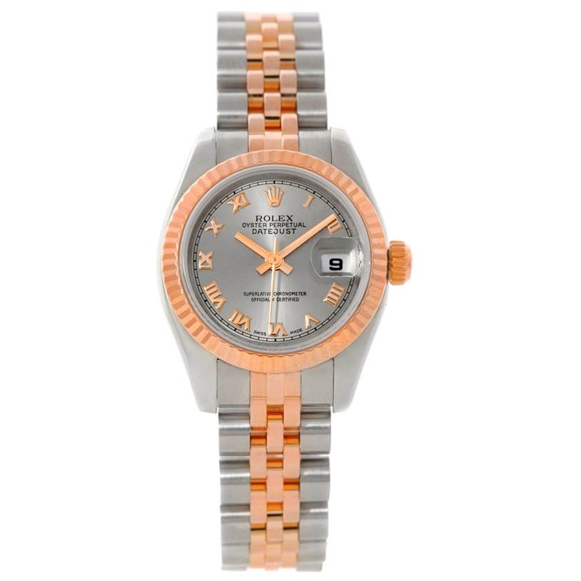 The image shows a front angle of a Rolex Datejust 179171 Women's Steel and Gold (two tone) Grey Dial 179171 Women's Steel and Gold (two tone) Grey Dial watch with a silver and rose gold bracelet and bezel.