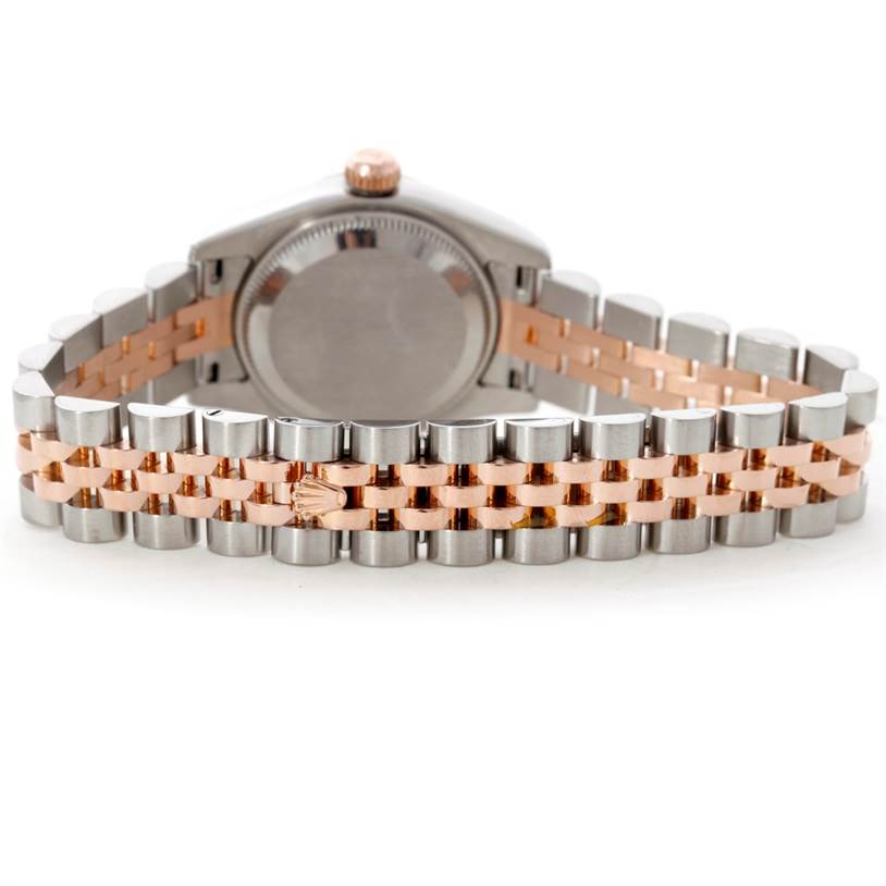The image shows the back of the Rolex Datejust 179171 Women's Steel and Gold (two tone) Grey Dial 179171 Women's Steel and Gold (two tone) Grey Dial watch and its jubilee-style bracelet with two-tone metal links.