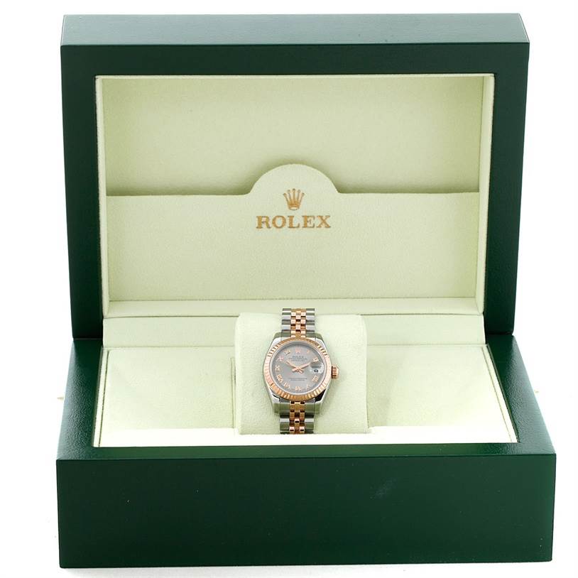 The image shows a Rolex Datejust 179171 Women's Steel and Gold (two tone) Grey Dial 179171 Women's Steel and Gold (two tone) Grey Dial watch in a green presentation box, viewed from the front.