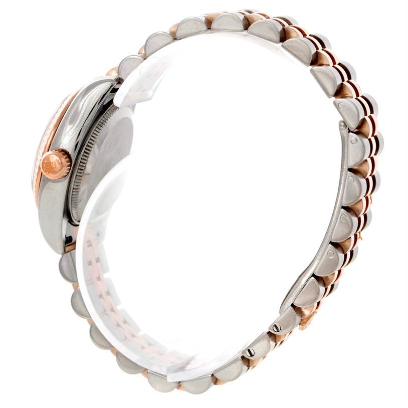 This image shows a side view of a Rolex Datejust 179171 Women's Steel and Gold (two tone) Grey Dial 179171 Women's Steel and Gold (two tone) Grey Dial watch, highlighting its crown, case, and bracelet.