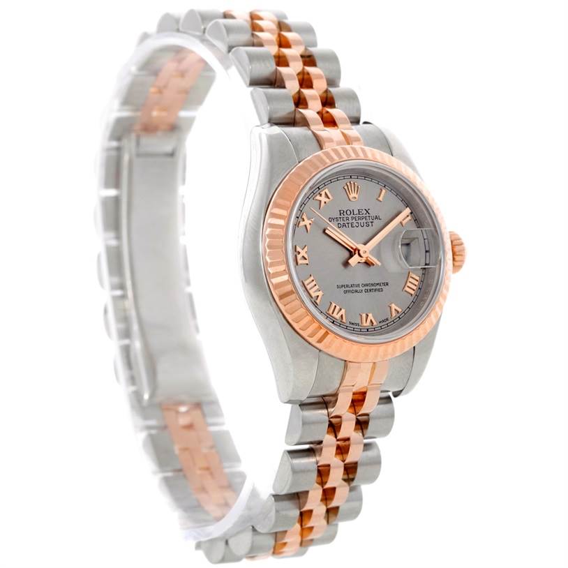 The Rolex Datejust 179171 Women's Steel and Gold (two tone) Grey Dial 179171 Women's Steel and Gold (two tone) Grey Dial watch is shown at an angle highlighting the dial, bezel, and two-tone band.