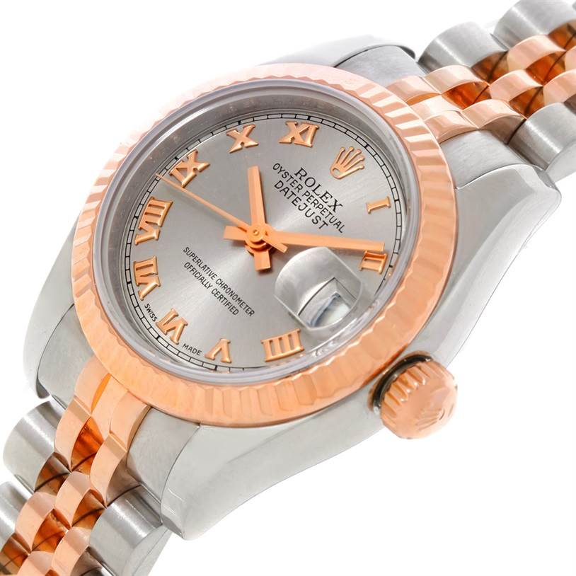 This Rolex Datejust 179171 Women's Steel and Gold (two tone) Grey Dial 179171 Women's Steel and Gold (two tone) Grey Dial watch is shown at an oblique angle, highlighting the dial, bezel, crown, and part of the bracelet.