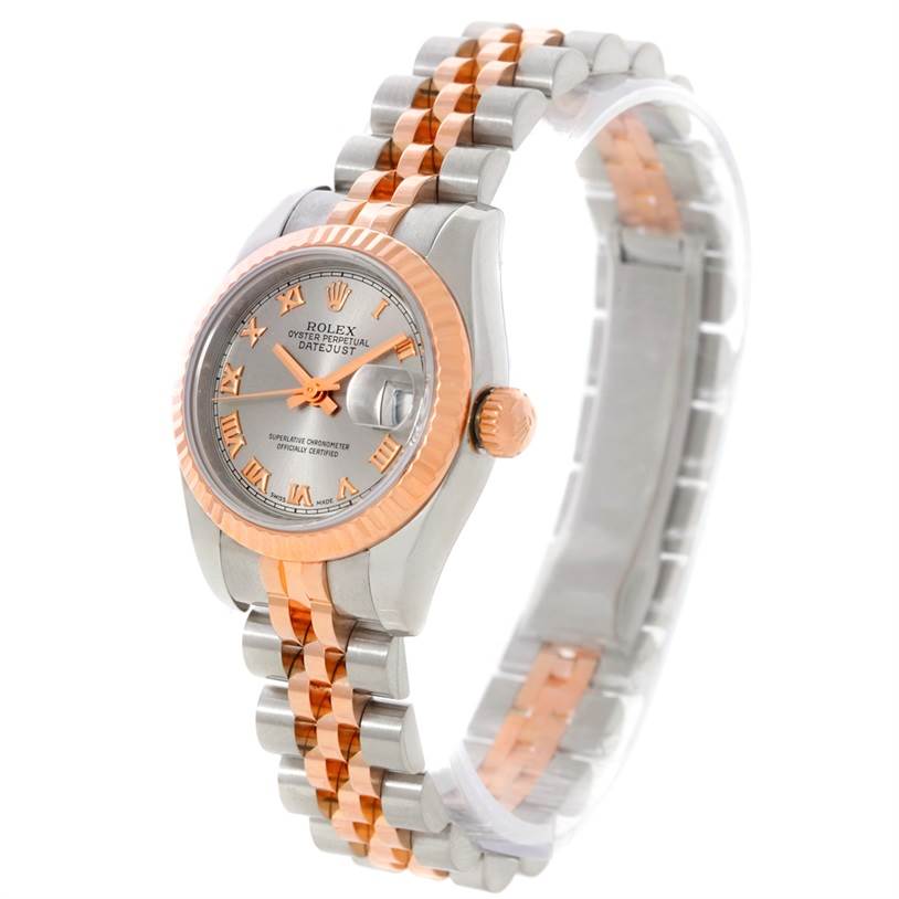 This image shows a side and angled view of a Rolex Datejust 179171 Women's Steel and Gold (two tone) Grey Dial 179171 Women's Steel and Gold (two tone) Grey Dial watch, highlighting the face, bezel, and bracelet.