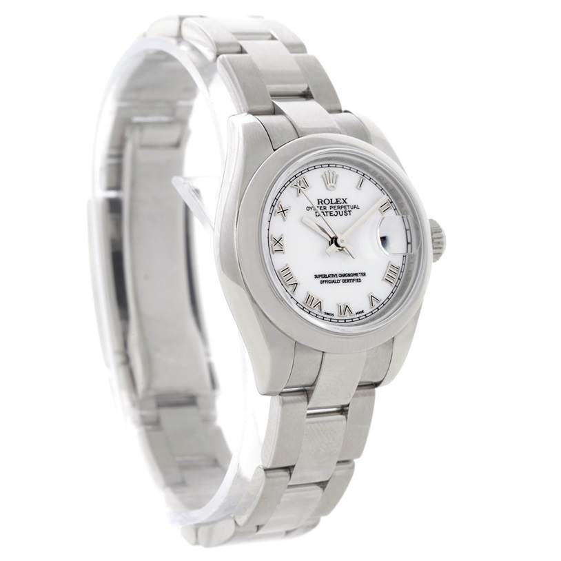This image shows a Rolex Datejust 179160 Women's Stainless Steel White Dial 179160 Women's Stainless Steel White Dial watch from a front-left angle, emphasizing its dial, bezel, and bracelet.