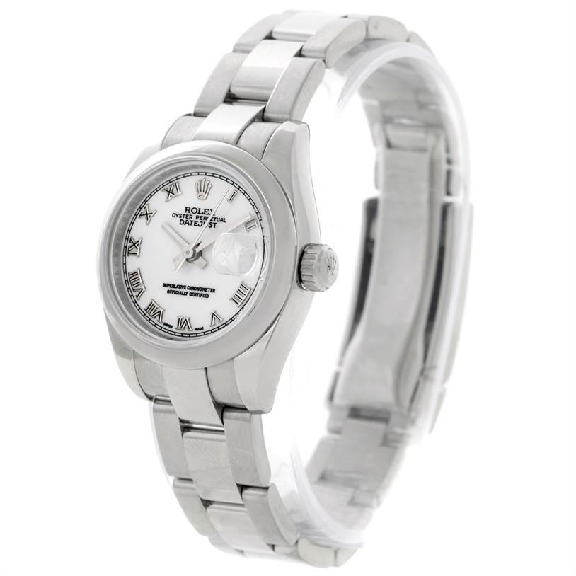 The image shows a Rolex Datejust 179160 Women's Stainless Steel White Dial 179160 Women's Stainless Steel White Dial watch at a slight side angle, highlighting the face, bracelet, and crown.