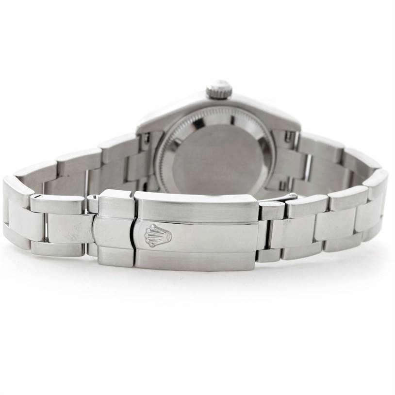 The image shows the back view of a Rolex Datejust 179160 Women's Stainless Steel White Dial 179160 Women's Stainless Steel White Dial watch, focusing on the clasp and case back.