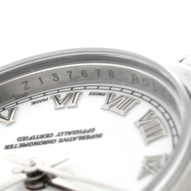 This image shows a close-up of the dial and rehaut of a Rolex Datejust 179160 Women's Stainless Steel White Dial 179160 Women's Stainless Steel White Dial watch.