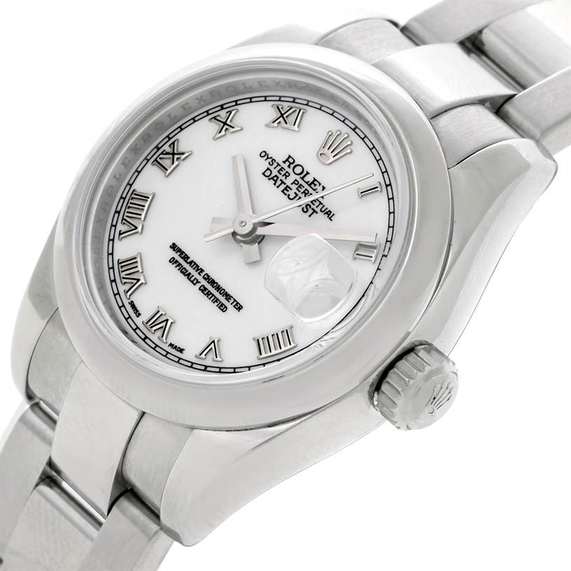 The image shows a close-up of the Rolex Datejust 179160 Women's Stainless Steel White Dial 179160 Women's Stainless Steel White Dial watch face, bezel, crown, and part of the bracelet from an angled view.