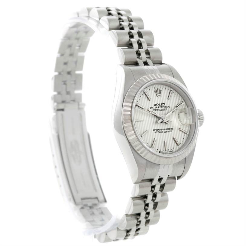 The image shows a Rolex Datejust 79174 Women's Stainless Steel Silver Dial 79174 Women's Stainless Steel Silver Dial watch at a slight angle, highlighting its face, bezel, and jubilee bracelet.