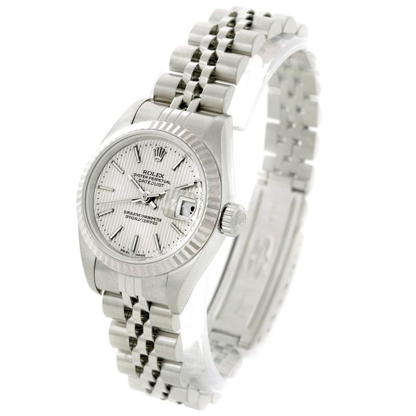 This image shows a Rolex Datejust 79174 Women's Stainless Steel Silver Dial 79174 Women's Stainless Steel Silver Dial watch at a three-quarter angle, highlighting the face, bezel, crown, and part of the bracelet.