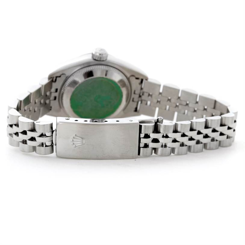 This image shows the back view of the Rolex Datejust 79174 Women's Stainless Steel Silver Dial 79174 Women's Stainless Steel Silver Dial watch, focusing on the clasp and bracelet.