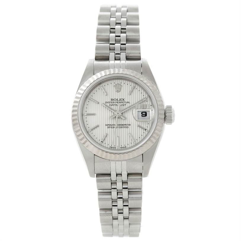 The image shows a Rolex Datejust 79174 Women's Stainless Steel Silver Dial 79174 Women's Stainless Steel Silver Dial watch with a fluted bezel, silver dial, and Jubilee bracelet, viewed from the front.