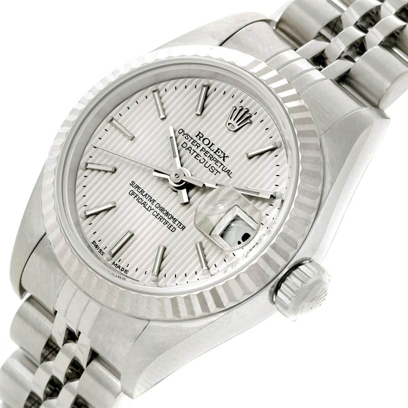 This image of the Rolex Datejust 79174 Women's Stainless Steel Silver Dial 79174 Women's Stainless Steel Silver Dial watch shows a close-up angle featuring the dial, bezel, crown, and part of the bracelet.