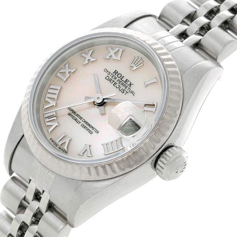 The image shows a close-up side view of the Rolex Datejust 79174 Women's Stainless Steel Mother of Pearl Dial 79174 Women's Stainless Steel Mother of Pearl Dial watch, highlighting the face, crown, and part of the bracelet.