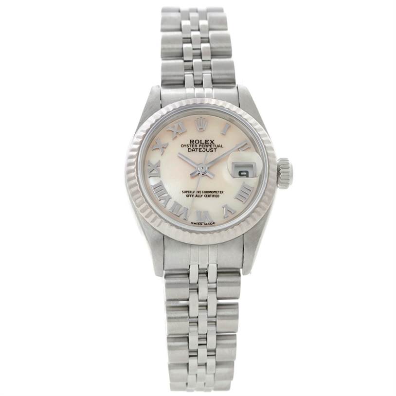 This Rolex Datejust 79174 Women's Stainless Steel Mother of Pearl Dial 79174 Women's Stainless Steel Mother of Pearl Dial watch is shown from a top-down angle, featuring its face, bezel, crown, and bracelet.