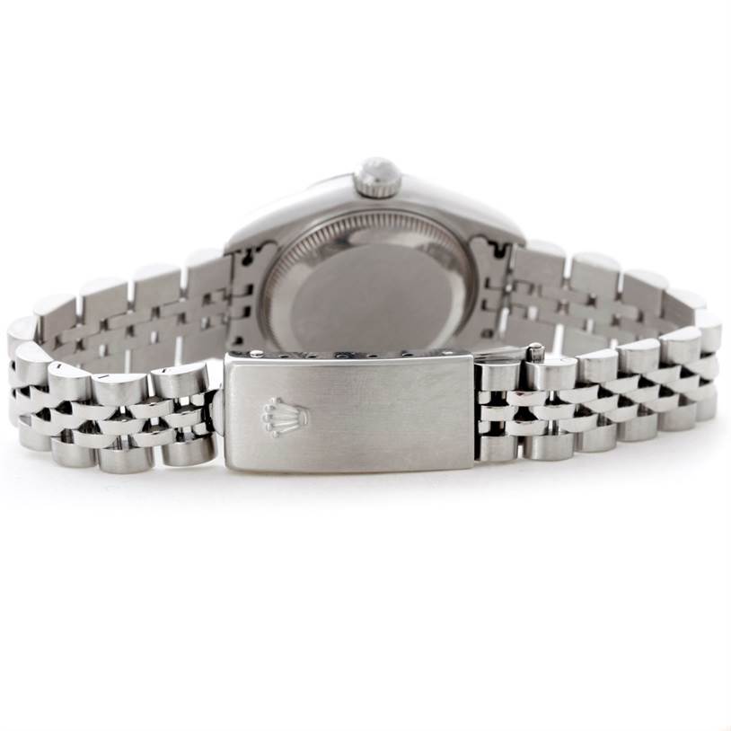 This image shows the back view of a Rolex Datejust 79174 Women's Stainless Steel Mother of Pearl Dial 79174 Women's Stainless Steel Mother of Pearl Dial watch, highlighting its clasp and caseback.