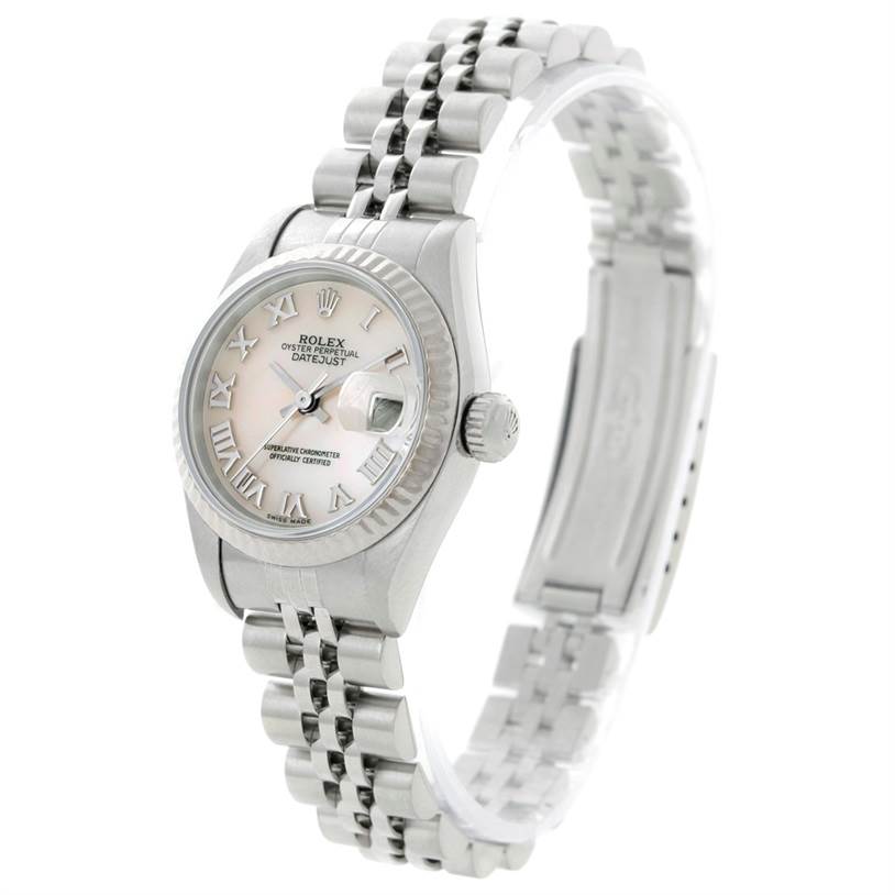 The Rolex Datejust 79174 Women's Stainless Steel Mother of Pearl Dial 79174 Women's Stainless Steel Mother of Pearl Dial watch is shown from a three-quarter front angle, displaying the face, bezel, crown, and bracelet.