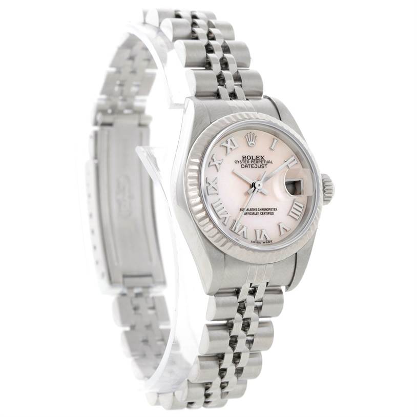 The image shows a Rolex Datejust 79174 Women's Stainless Steel Mother of Pearl Dial 79174 Women's Stainless Steel Mother of Pearl Dial watch at a three-quarter angle, focusing on the dial, bezel, and bracelet.