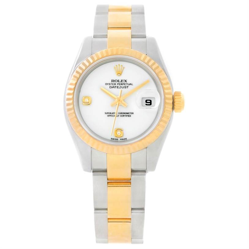 This image shows a front view of the Rolex Datejust 179173 Women
s Steel and Gold (two tone) White Dial 179173 Women
s Steel and Gold (two tone) White Dial watch, featuring a two-tone bracelet, gold fluted bezel, and white dial with a date window.